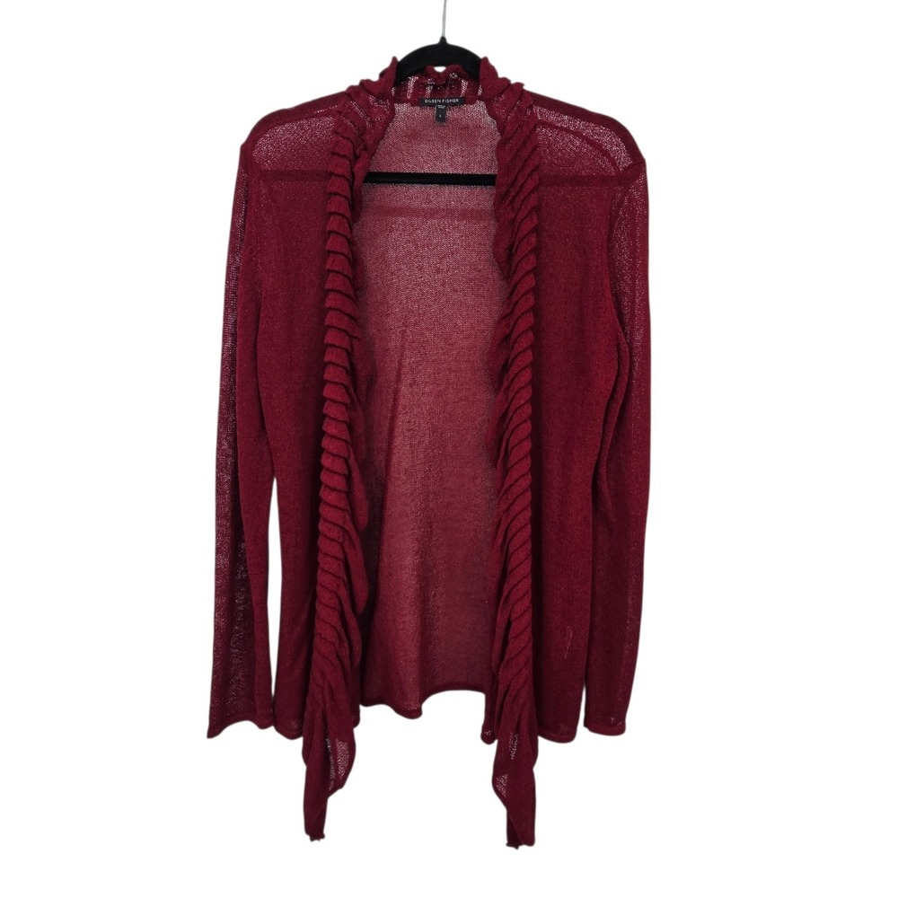 Eileen Fisher Drapey Ruffle Cardigan Women's L Open‎ Knit Gauze Red Cranberry